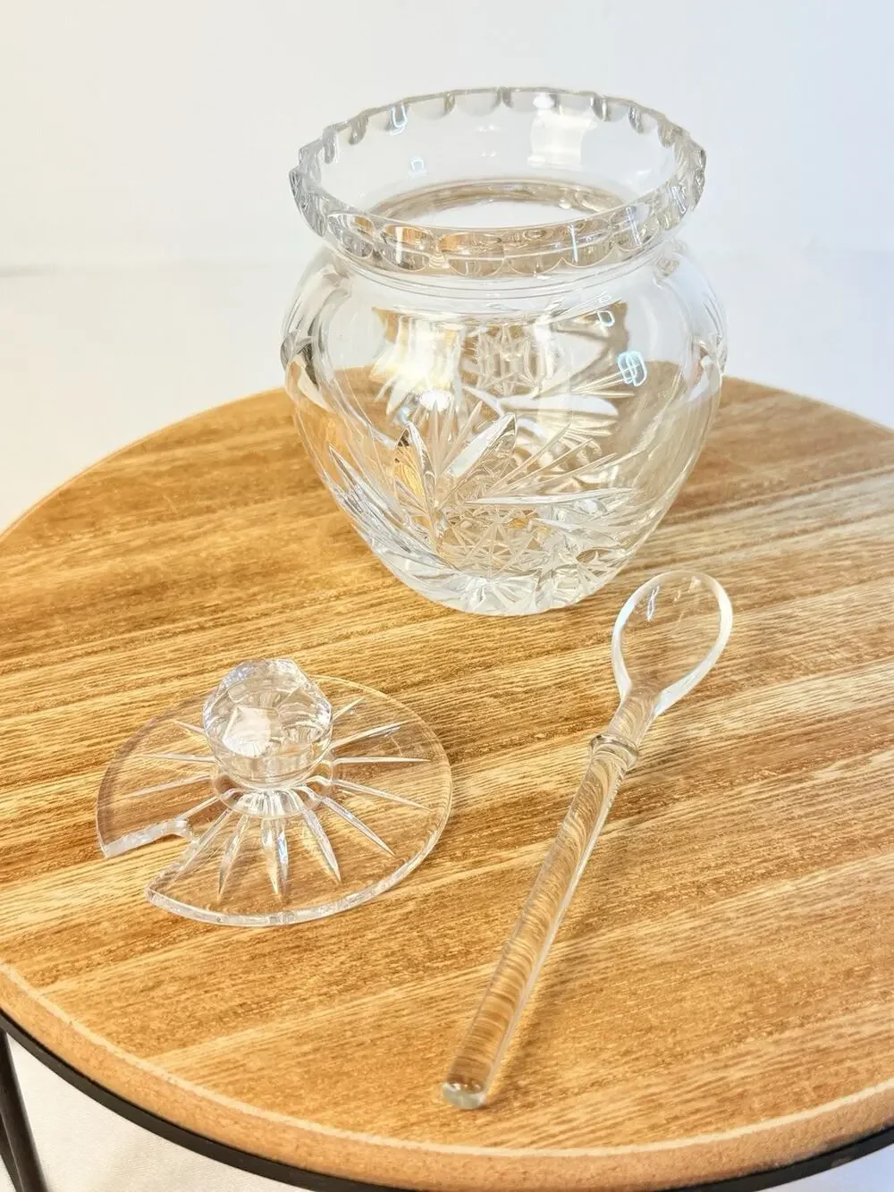 Vtg Cut Crystal Jam, Honey Jar W/ Glass Spoon Scalloped Lid